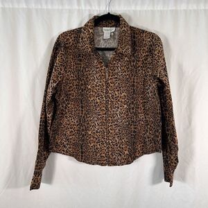 Coldwater Creek Jacket Women's Large Brown Cheetah Print Full Zip Cotton Blend
